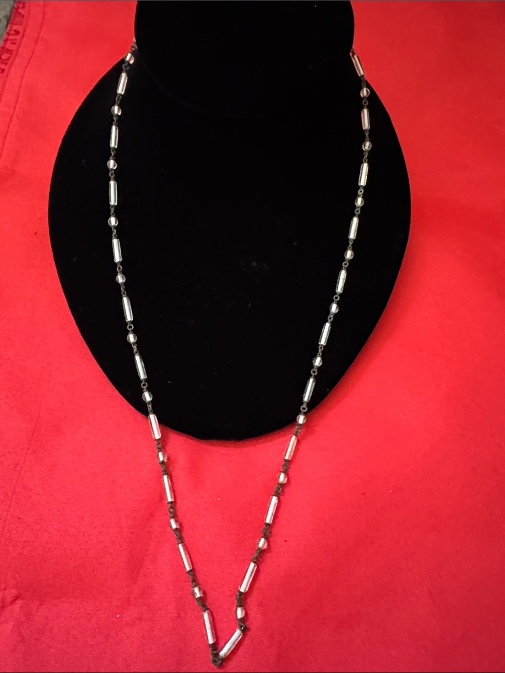 VTG 1930s Czech Satin Glass Bulge Bead Necklace with crystal accents